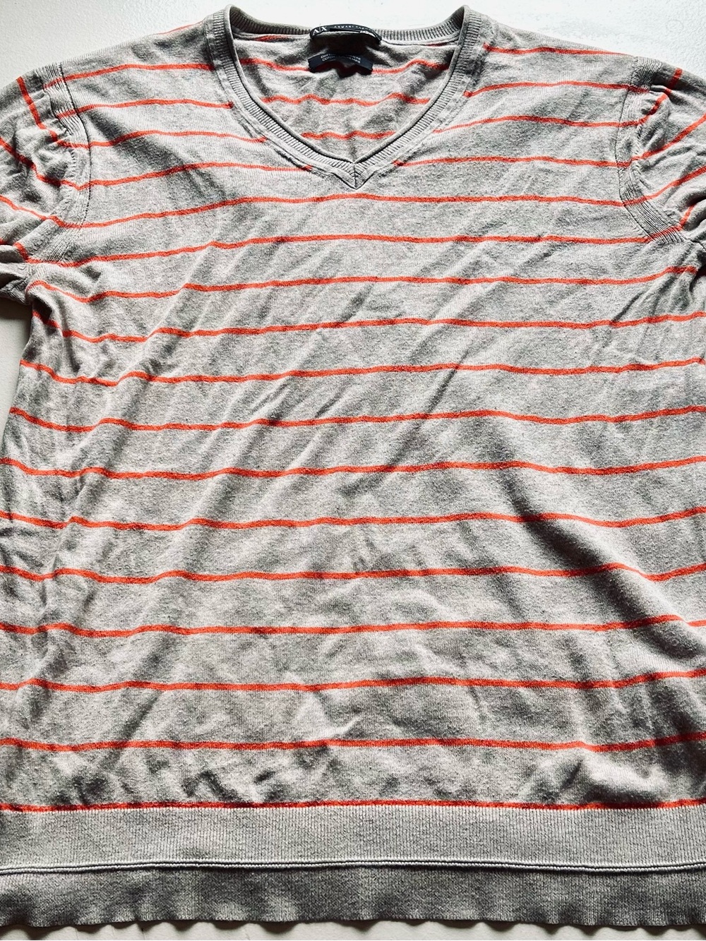 Armani Exchange Light Gray V-Neck Sweater with Orange Stripes